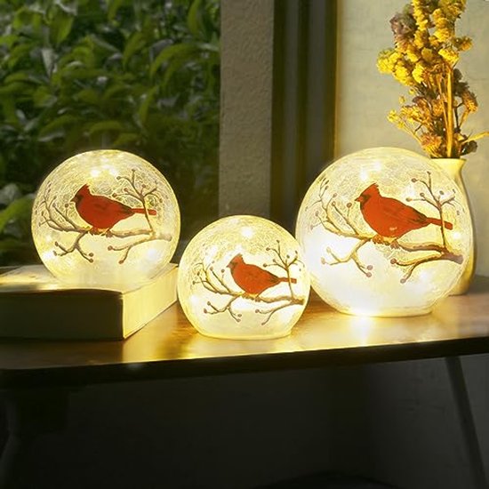 Grote Crackle Glass Ball Lamp met Kardinaal Thema - Verlichte Rode Vogel Globe Tafellamp - Decoratieve LED Nachtlamp van Merkloos — afbeelding 4