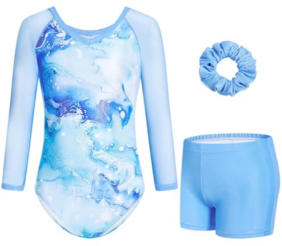 Justaucorps de gymnastique Filles , manches 3/4, col en V et Shorts - Tenues de gymnastique et de danse 3-12 ans