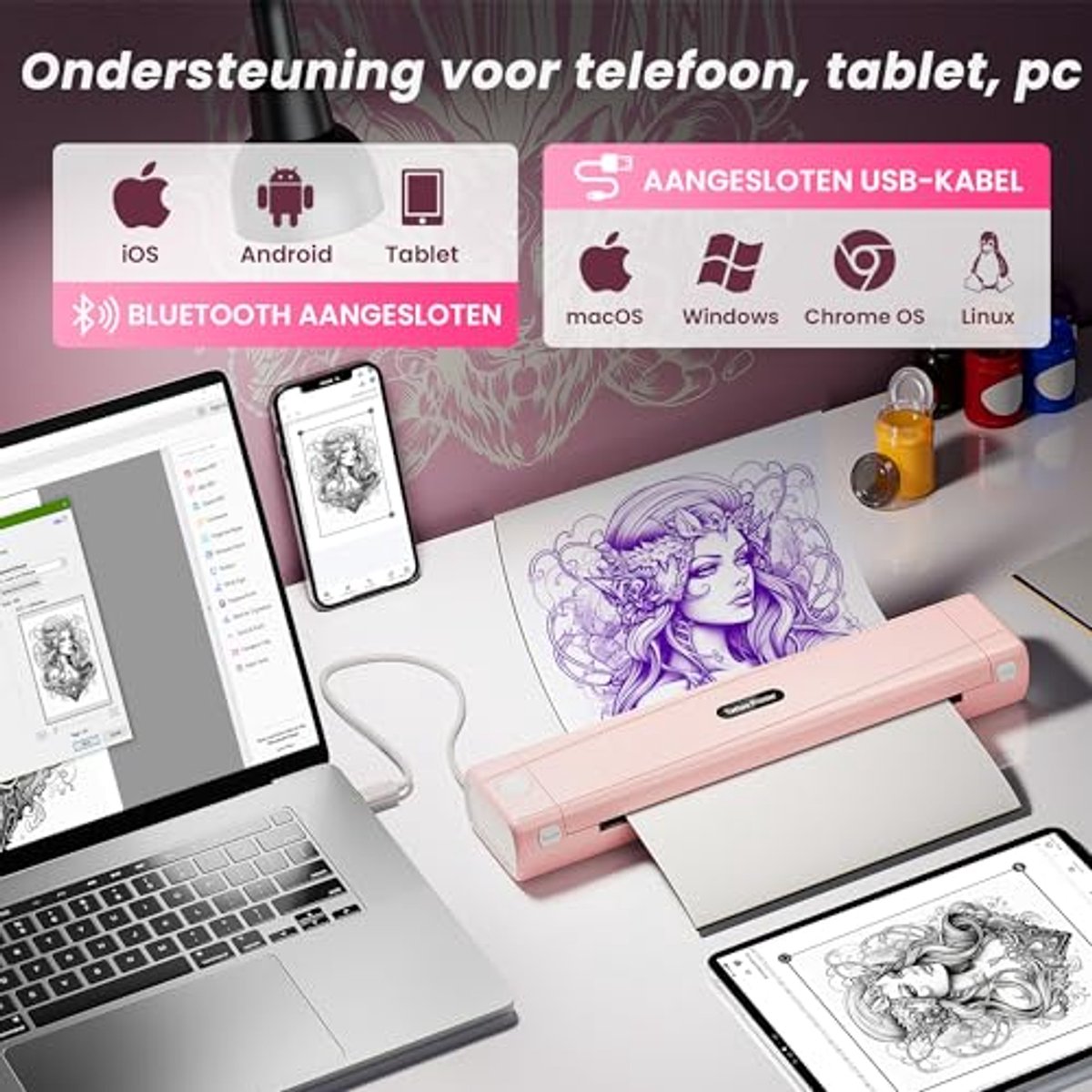 Tattoo Printer met Bluetooth en Sjabloonpapier - Draagbare Thermische Printer voor Tatoeëerders en Beginners