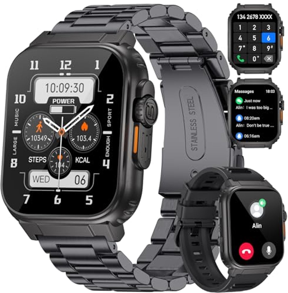 Smartwatch voor heren met telefoonfunctie, 600 mAh, 1,96 inch, activiteitstracker, fitnesshorloge, bluetooth-oproep, slaapmonitor, IP68 waterdicht en sporthorloge voor iOS en Android