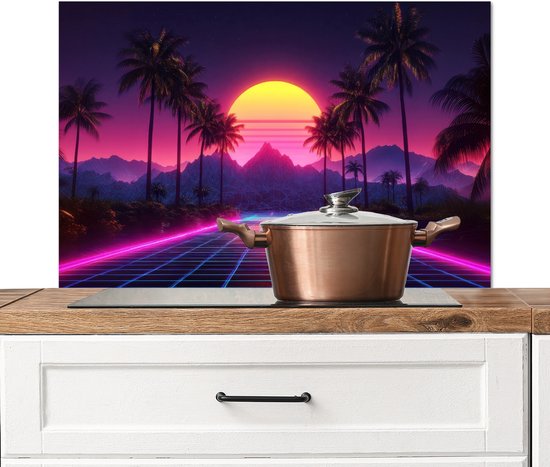 Spatscherm keuken 90x60 cm - Kookplaat achterwand Horizon - Palmbomen - Bergen - Geel - Muurbeschermer - Spatwand fornuis - Hoogwaardig aluminium