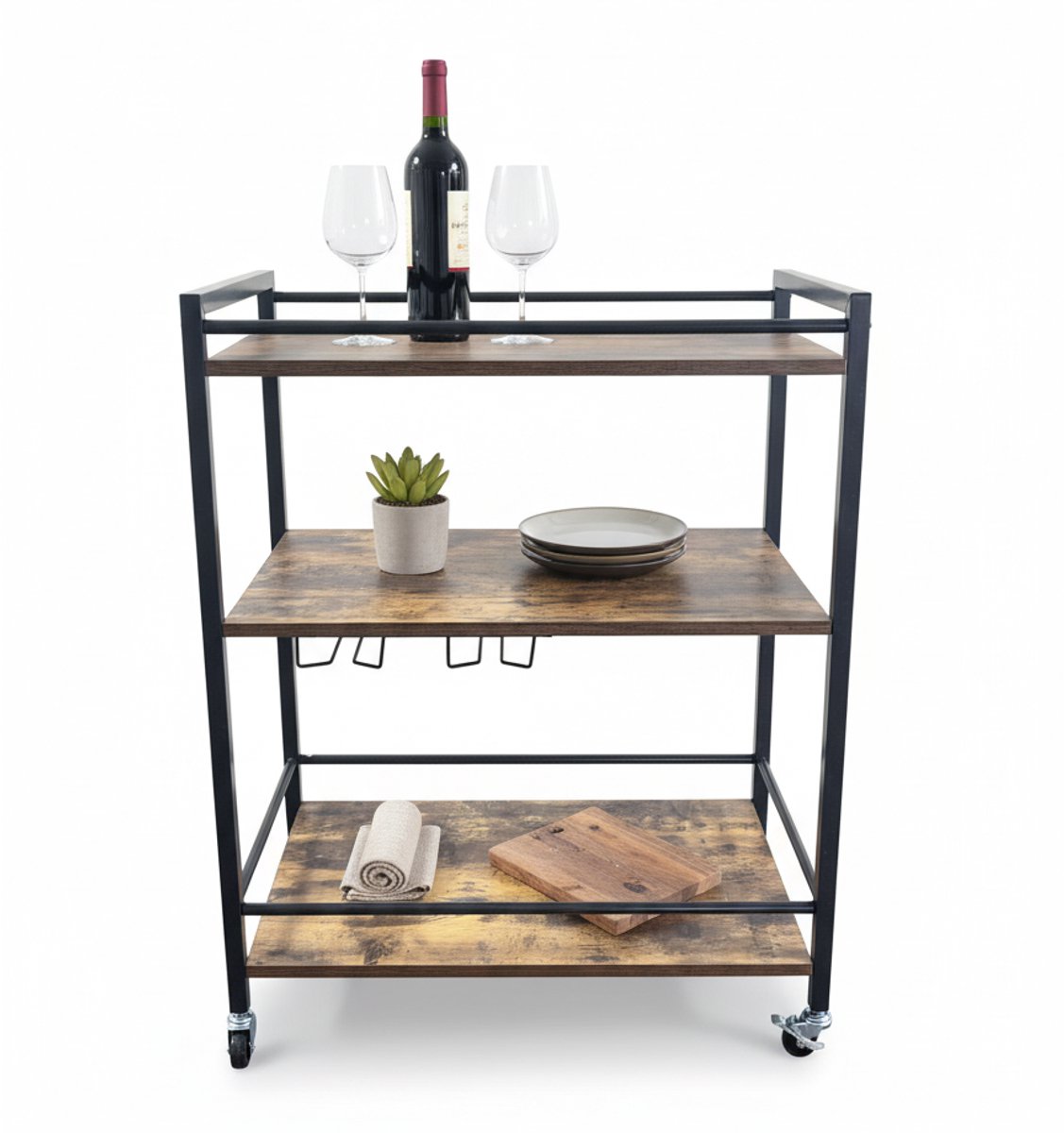 IvoQ Serveerwagen – Keukentrolley – Industrieel Hout & Metaal – 3 Lagen – Op Wielen met Rem – 64x40x85 cm