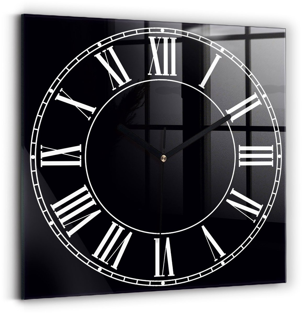 Wallfluent Wandklok - Zwarte Romeinse cijfers Decoratieve Wandklok - 30 cm x 30 cm - Zwart Wandklok - Zwarte Handen - Wandklok zonder cijfers - Stille Wandklok Slaapkamer - Unieke Wandklok - Minimalistische Klok - Klok met Print