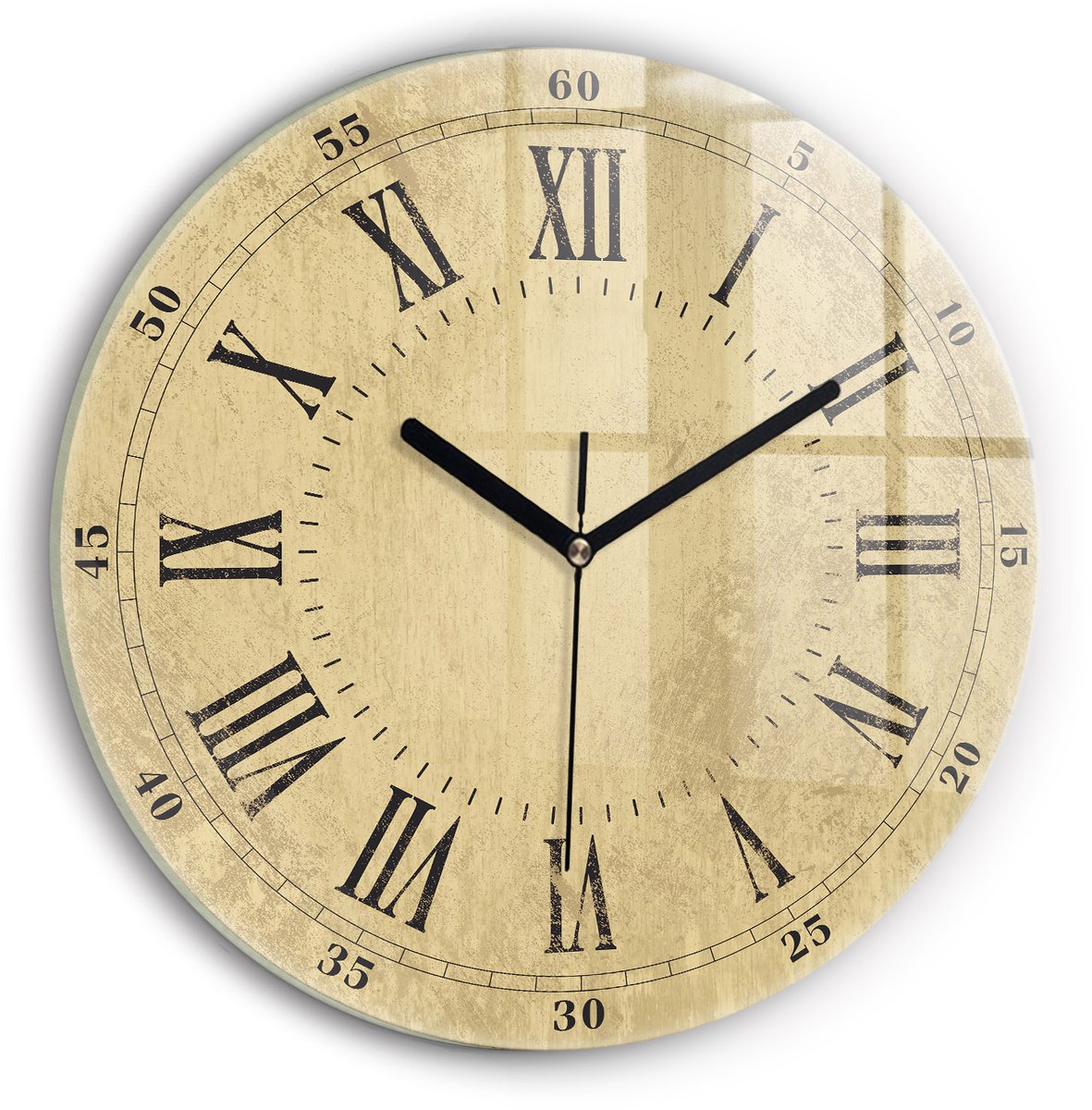Wallfluent Wandklok - Bronzen Romeinse cijfers Unieke Wandklok - 30 cm x 30 cm - Geel Wandklok - Zwarte Handen - Wandklok zonder cijfers - Wandklok Glas Woonkamer - Klok met Afbeelding - Moderne Wandklok - Decoratieve Wandklok