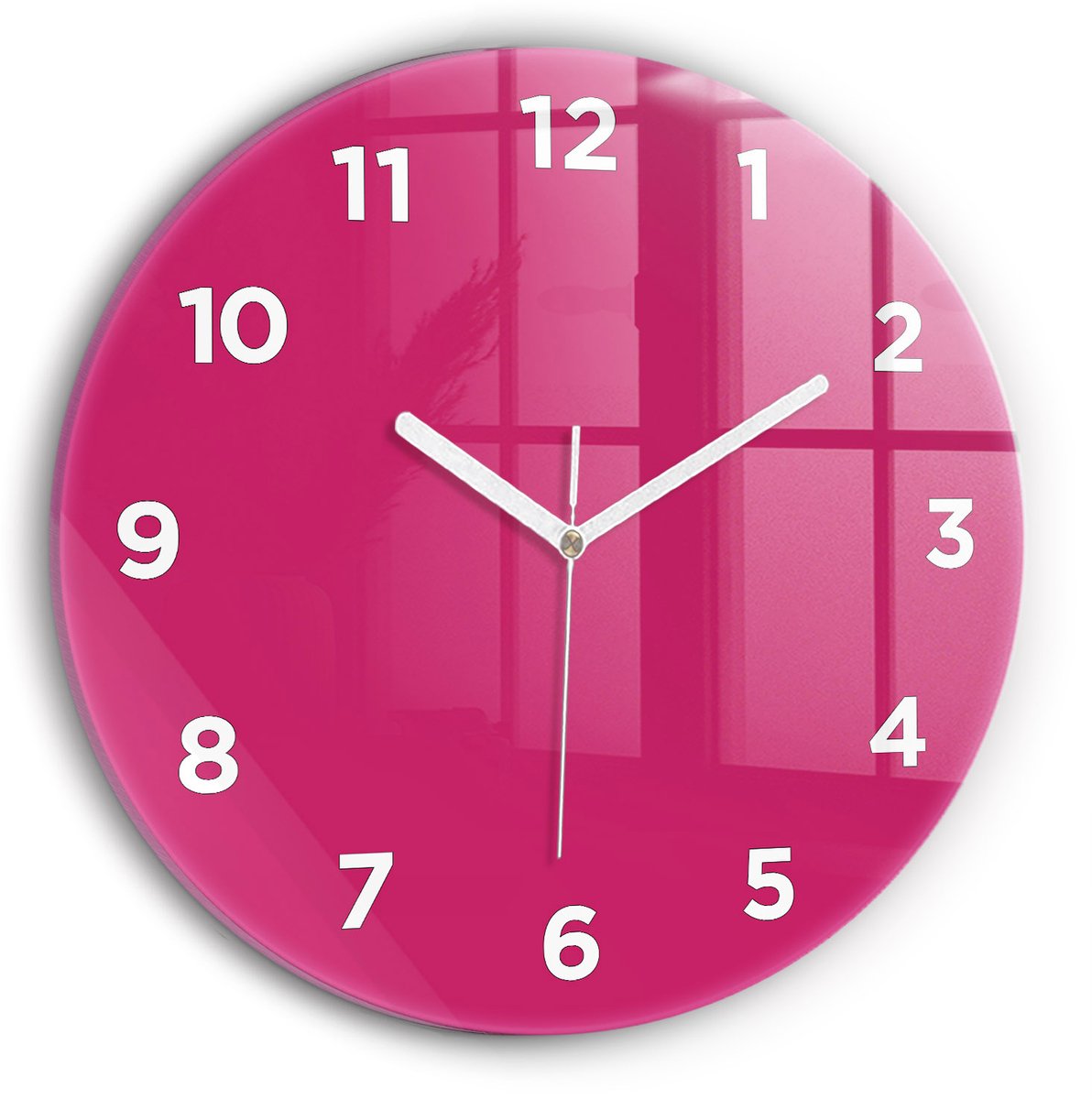 Wallfluent Wandklok - Roze Ronde Glazen Wandklok - 30 cm x 30 cm - Roze Wandklok - Witte Handen - Wandklok Met Cijfers - Wandklok Glas Woonkamer - Ronde Glas Klok - Scandinavisch Wandklok - Ronde Glazen Klok