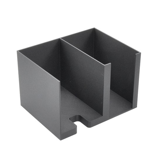 Grijze, tweedelige opbergbox voor kaarthoezen en toploaders met een uitsparing aan de voorzijde.