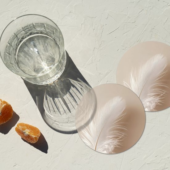 Sous-verres de verre ronds, motif plume, minimalistes, roses, 10 x 10 cm, lot de 6.