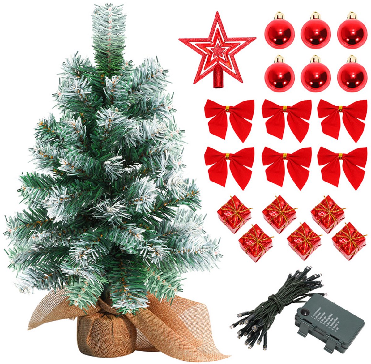 Mini kerstboom met LED verlichting en sneeuw - Kunstkerstboom - Kleine boom met verlichting en decoratie - Kunstboom - Kerststukje - Christmas Tree - Rood – foto 6
