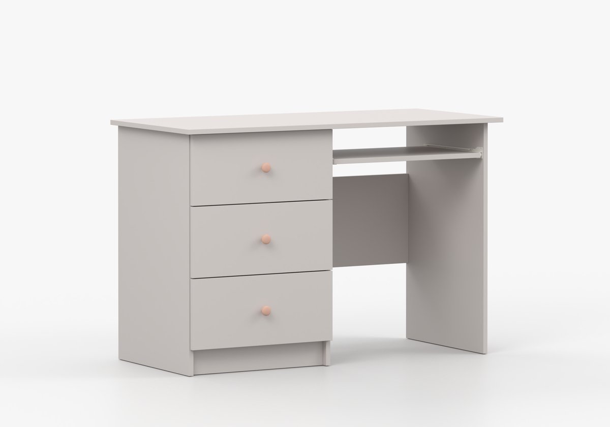 Modern kinderkamer- en tienerkamer bureau met 3 lades, robuust & onderhoudsvriendelijk – kinderschrijftafel, tienerschrijftafel, bureau voor kantoor, computertafel - Bureau Fizzy II - Kasjmier + roze handgrepen