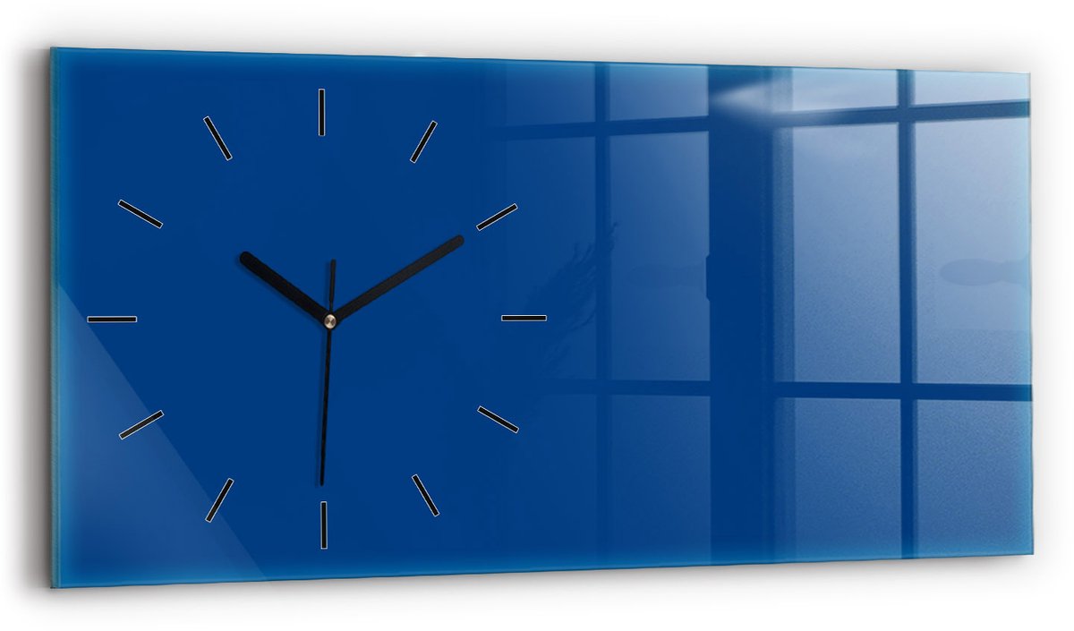 Wallfluent Wandklok - Blauw Rechthoekige Glazen Wandklok - 60 cm x 30 cm - Blauw Wandklok - Zwarte Handen - Wandklok Zonder Cijfers - Wandklok Glas Woonkamer - Glazen Klok Rechthoekige - Minimalistisch Wandklok - Rechthoekige Glas Klok