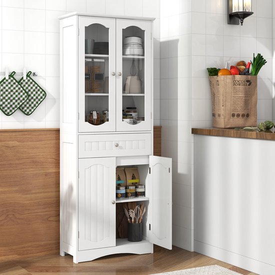 COSTWAY Badkamerkast, hoge badkamerkast met 4 deuren, lade en verstelbare plank, opbergkast voor woonkamer, badkamer, keuken, 60 x 30 x 160 cm (wit)