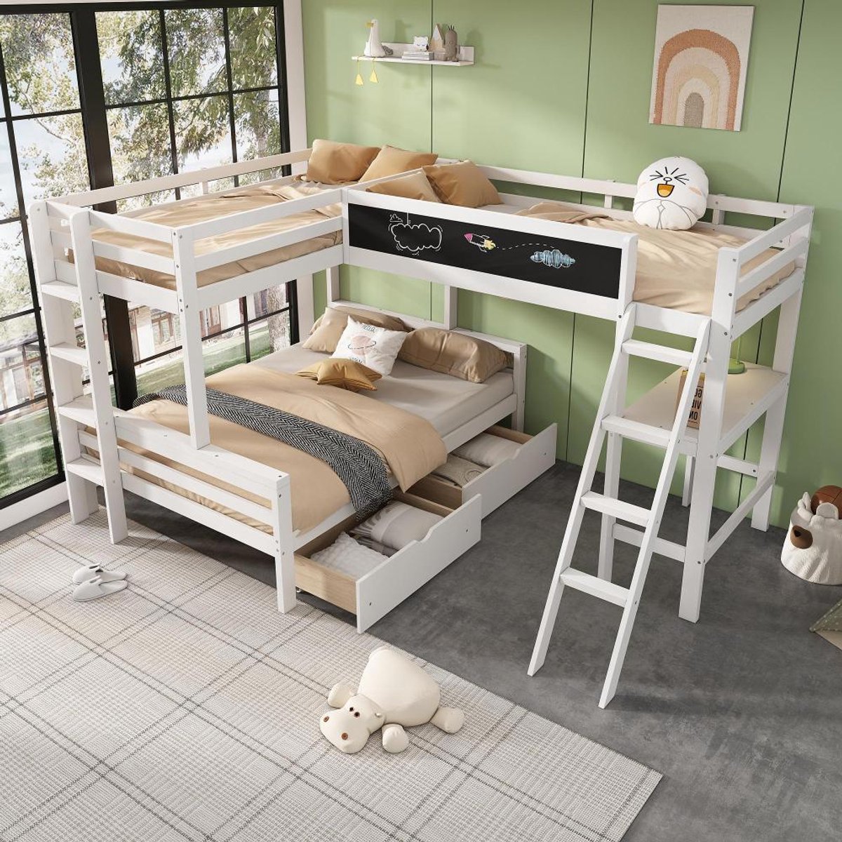 KOMHTOM BLACKCOLORS Stapelbed 140x200 cm en 90x200 cm Geschikt voor 3 kinderen Met opberglades van grenenhout Met bureau en plank Wit Wit+Eiken
