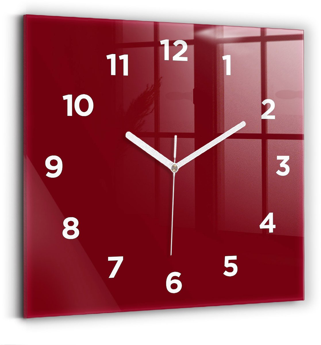 Wallfluent Wandklok - Bourgondië Vierkante Glas Klok - 30 cm x 30 cm - Bourgondië Wandklok - Witte Handen - Wandklok Met Cijfers - Kinder Wandklok Glas - Vierkante Glazen Klok - Minimalistisch Wandklok - Vierkante Glazen Wandklok