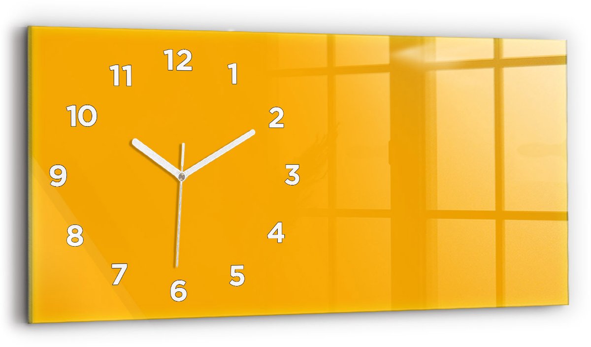 Wallfluent Wandklok - Donkergeel Rechthoekige Glazen Wandklok - 60 cm x 30 cm - Donkergeel Wandklok - Witte Handen - Wandklok Met Cijfers - Kinder Wandklok Glas - Glazen Klok Rechthoekige - Minimalistisch Wandklok - Rechthoekige Glas Klok