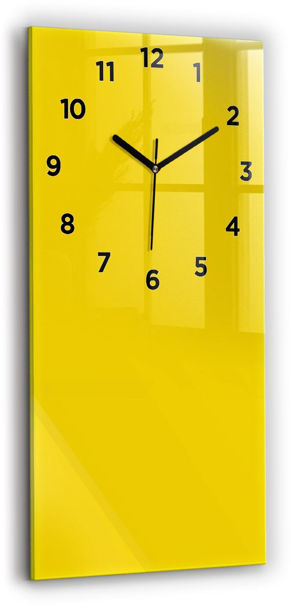 Wallfluent Wandklok - Geel Rechthoekige Glas Klok - 30 cm x 60 cm - Geel Wandklok - Zwarte Handen - Wandklok Met Cijfers - Stille Wandklok Slaapkamer - Rechthoekige Glazen Wandklok - Scandinavisch Wandklok - Glazen Klok Rechthoekige