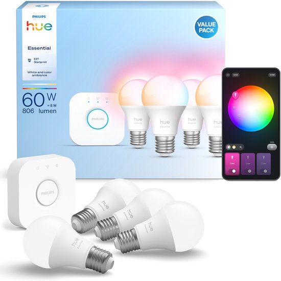 Philips Hue Essential starterkit – Hue Bridge + 4 Essential E27 White & Colour Ambiance
