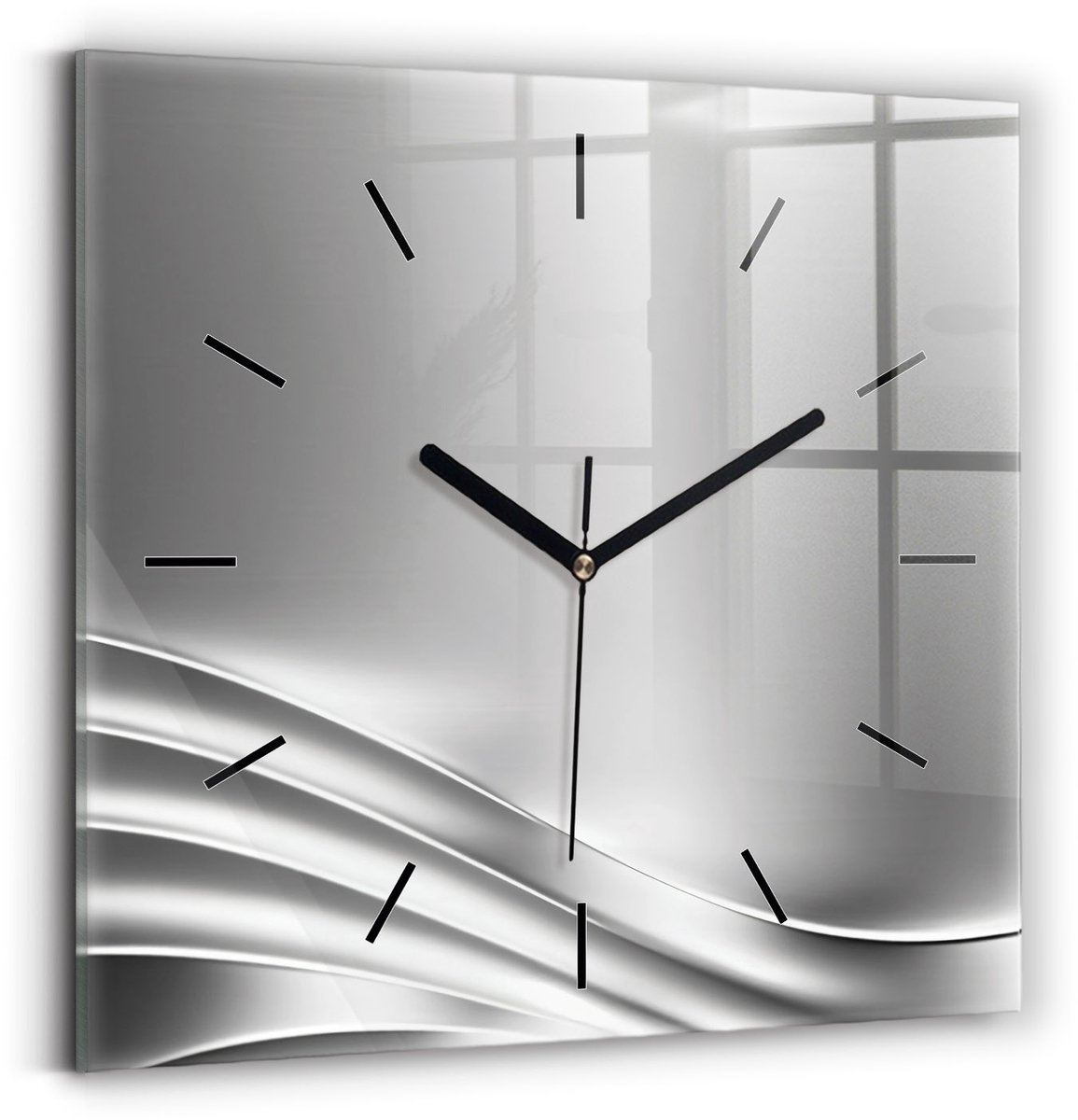 Wallfluent Wandklok - Zilveren abstractie Unieke Wandklok - 30 cm x 30 cm - Zilver Wandklok - Zwarte Handen - Wandklok Zonder Cijfers - Stille Wandklok Slaapkamer - Vierkante Glazen Wandklok - Scandinavisch Wandklok - Klok als Muurdecoratie