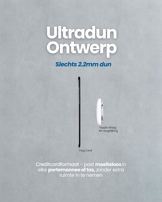 Zwarte, ultradunne tracker van creditcardformaat naast een witte AirTag.