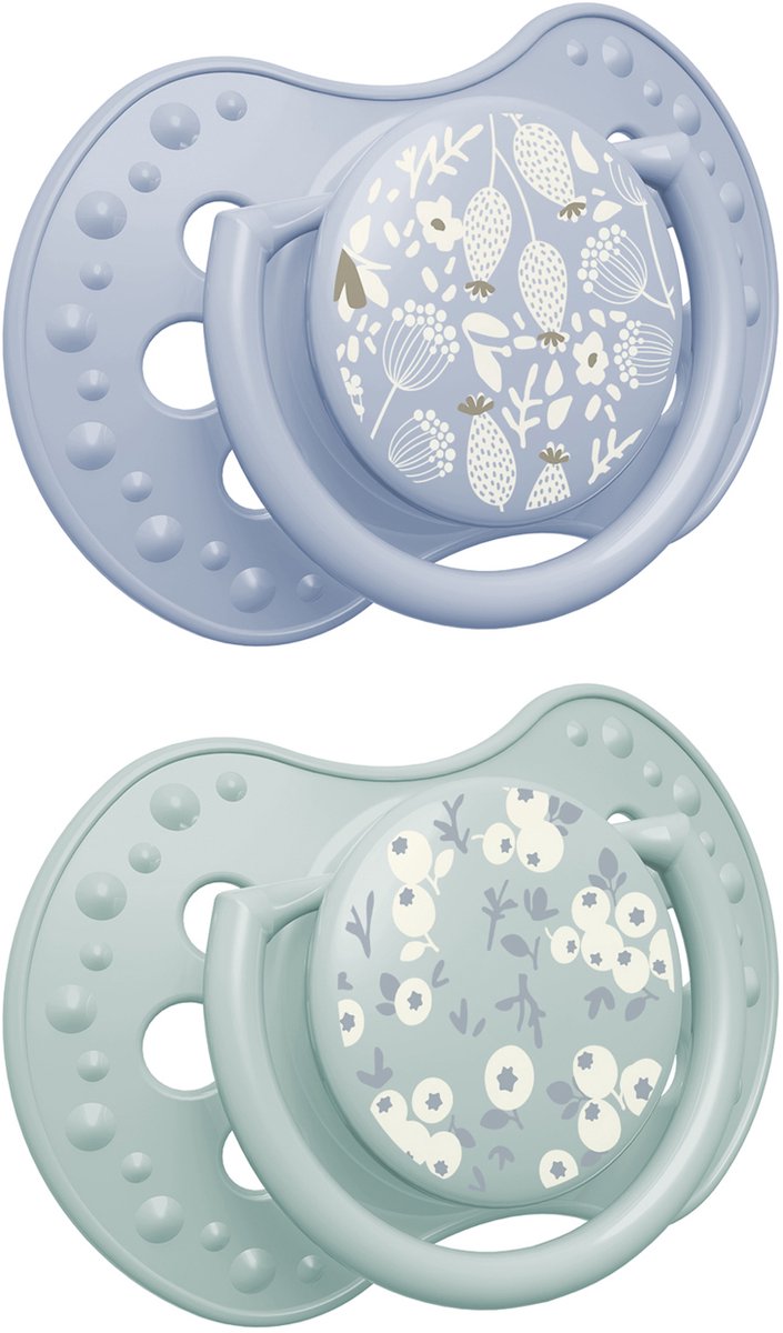 Difrax LOVI Fopspeen Dynamisch - Classy - 6 tot 18 Maanden - Blossom - Groen & Blauw - 2 Stuks