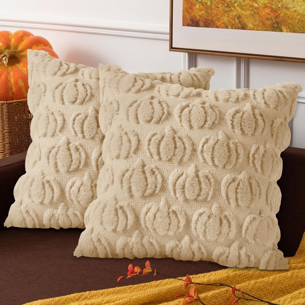 Azomor® Decoratieve kussenslopen met pluche pompoenmotief voor herfst en Halloween