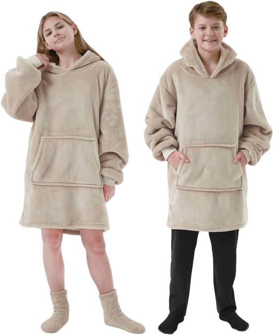 SHERRY - oversized hoodie deken tiener - 60x90 cm - snuggle hoodie met sherpa voering - tieners - fleece deken met mouwen en capuchon - beige