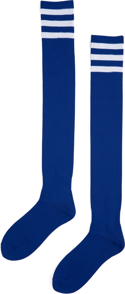 KIMU® Sokken Donkerblauw Witte Strepen - Maat 36-41 - Dames Heren Unisex - Blauwe Lange Kniekousen Voetbalsokken Sportsokken Kniesokken Hockey Festival