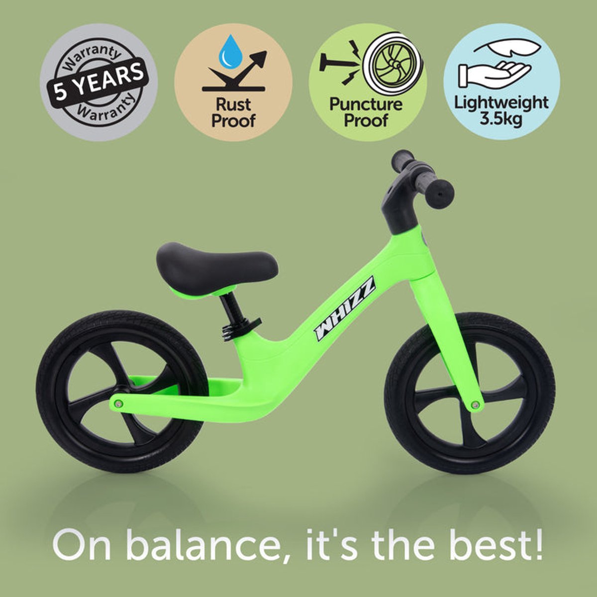 TickIT loopfiets whizz groen - lichtgewicht kinderfiets met verstelbaar zadel.