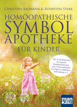 Boek "Homöopathische Symbolapotheke für Kinder" met een jong meisje in een roze jurk wijzend naar de lucht, omringd door bellen.