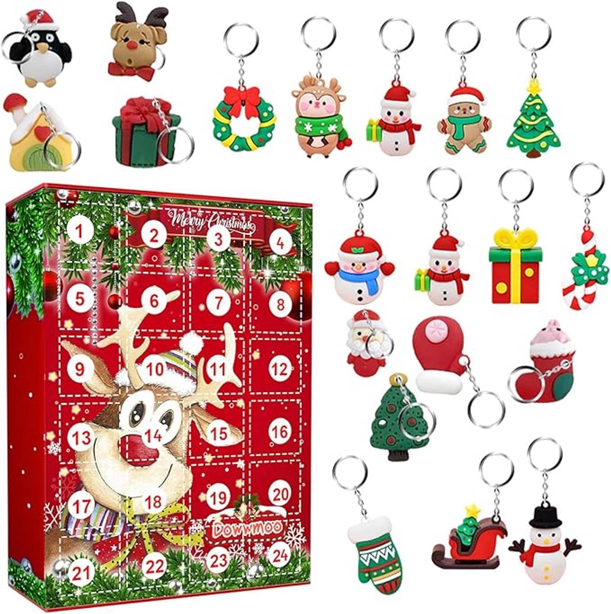 Kerstdoos, Kerstdoos opbergdoos met 24 sleutelhangers, Kerstadventskalender, Kerstsleutelhanger, Verrassingsdoos met kerstelementen Aftelkalender