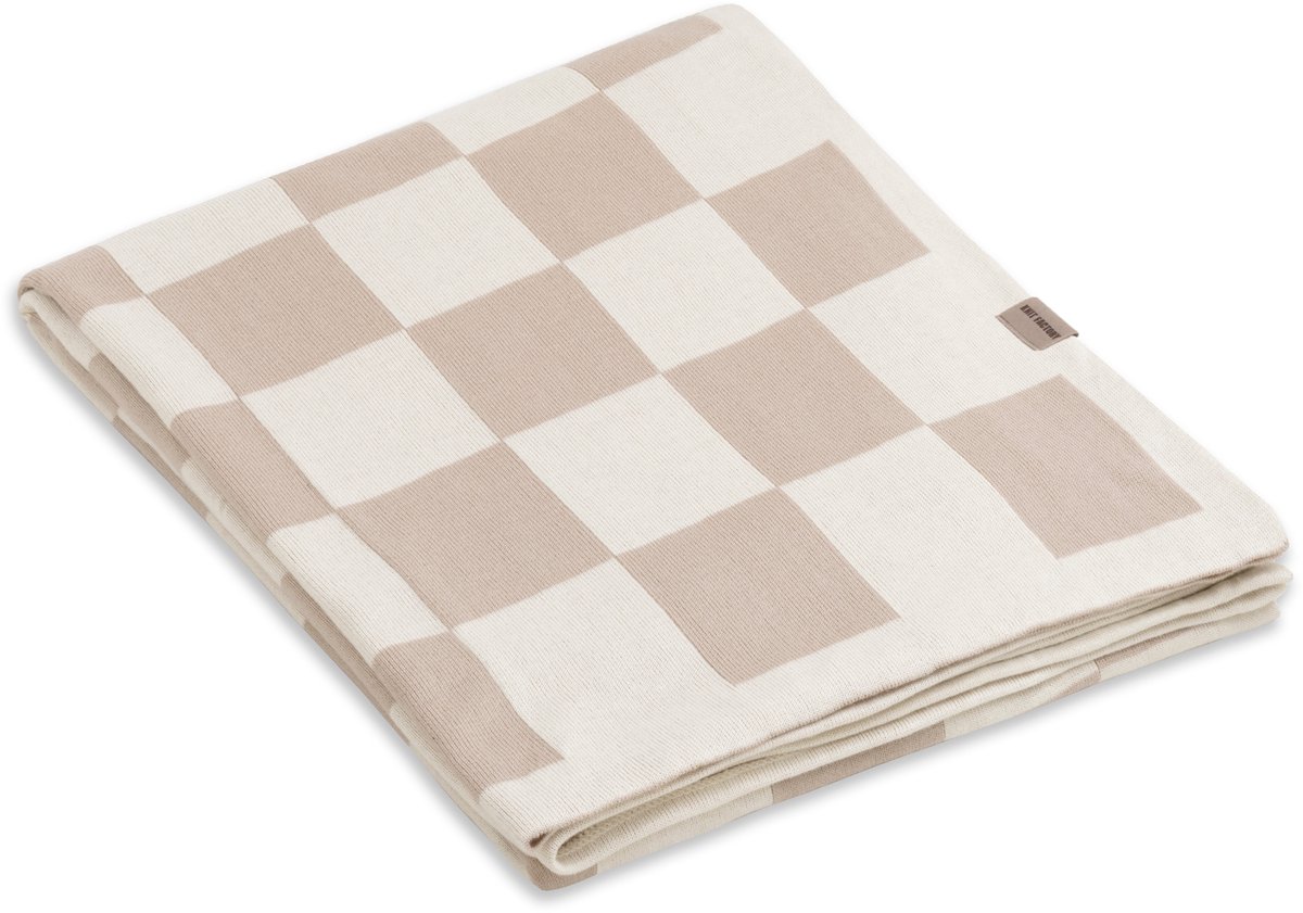 Knit Factory Caro Gebreid Plaid - Woondeken - plaid - Katoenen deken - Kleed - Geblokt motief - Ecru/Linnen - 160x130 cm