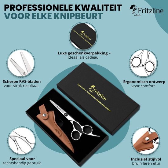 Fritzline Kappersschaar - Leren Etui - Luxe Geschenkverpakking - haar schaar - kapper - scissors - schaar kapper - snor schaar - schaar haar - hair scissors - haarknip schaar