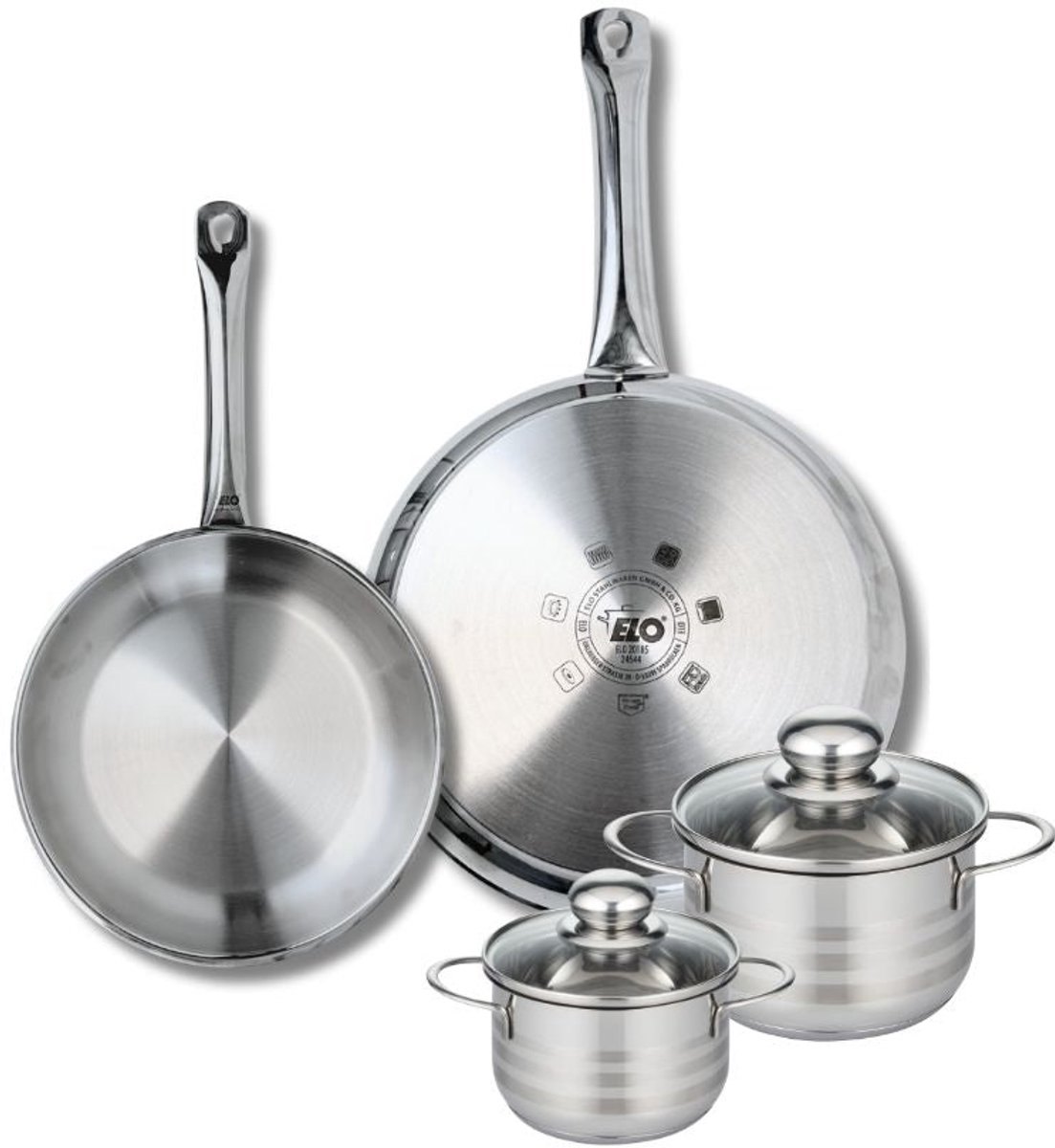 Set van 2 Koekenpannen 24 en 28 cm en 2 kookpotten 12 en 14 cm Elo Profi Brillant