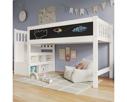 Sweiko Halfhoogslaper - 90 x 200 cm - met Graffitibord - Opbergplank - Wit