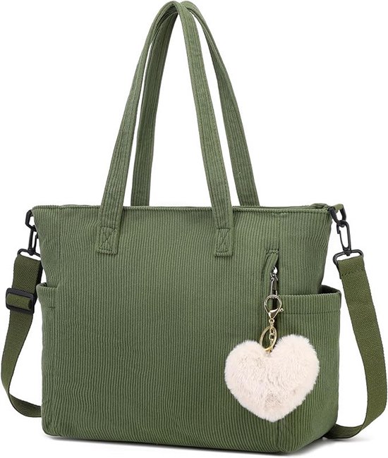 Tassen en velours côtelé - Sacs d' épaule pour femme - Grands sacs de courses - Sacs à main - Convient pour le travail, le bureau, les Voyages , le shopping, École et plus encore - Vert olive