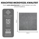 Een grijze microvezeldoek van 30x30 cm, met iconen voor sterk materiaal, machinewasbaar en extra absorberend.