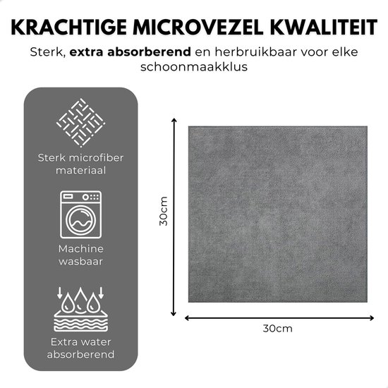 Een grijze microvezeldoek van 30x30 cm, met iconen voor sterk materiaal, machinewasbaar en extra absorberend.