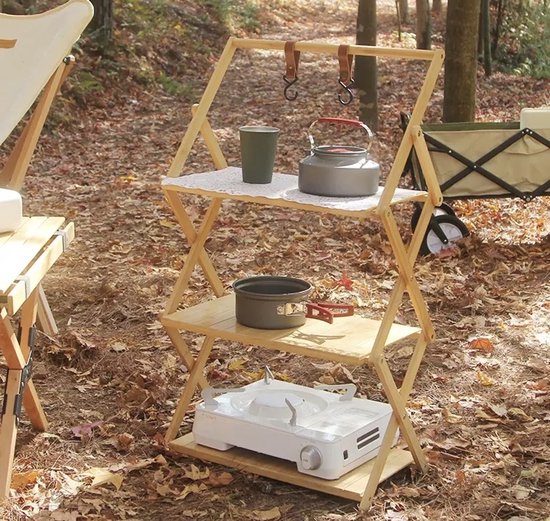 Draagbaar campingrek - 3 laags - Met 2 haken - Outdoor - Indoor - Kamperen - Opvouwbaar rek voor camping - Picknick - Bamboe - Opbergrek van Merkloos — afbeelding 5