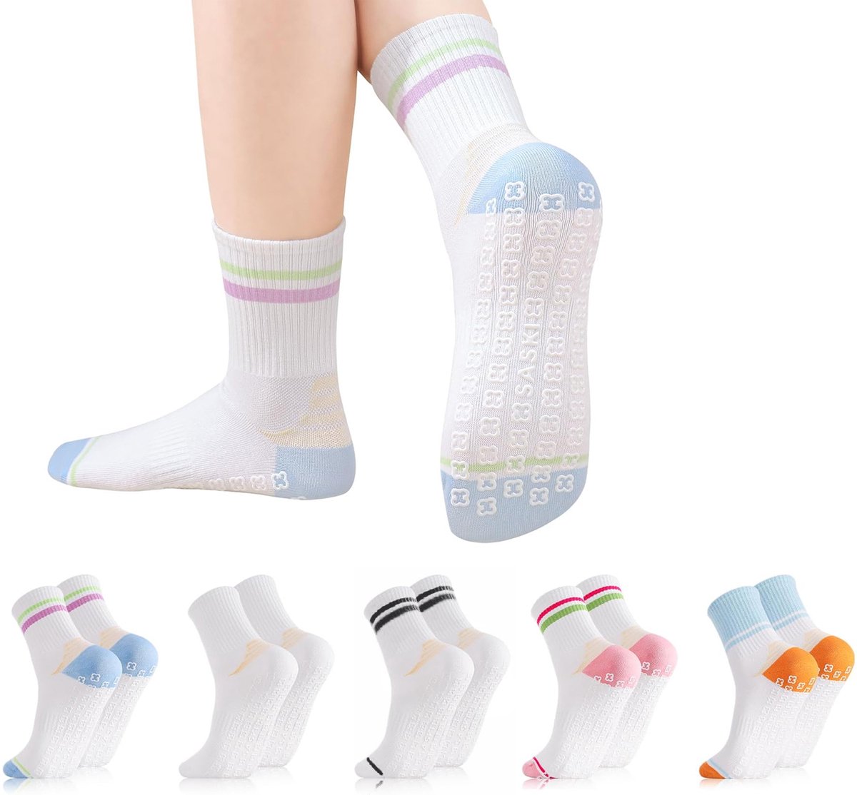 Lot de 5 paar de chaussettes de yoga antidérapantes pour femme, chaussettes de pilates pour femme, 38-40 pour femme, chaussettes antidérapantes pour ballet, danse, entraînement, fitness, thuis, revalidatie, pilatessokken - Cyslmuk®