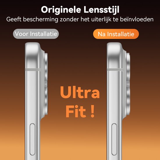 Zij-aanzicht van een telefoon met cameralensbeschermer (Na Installatie) vergeleken met zonder (Voor Installatie).
