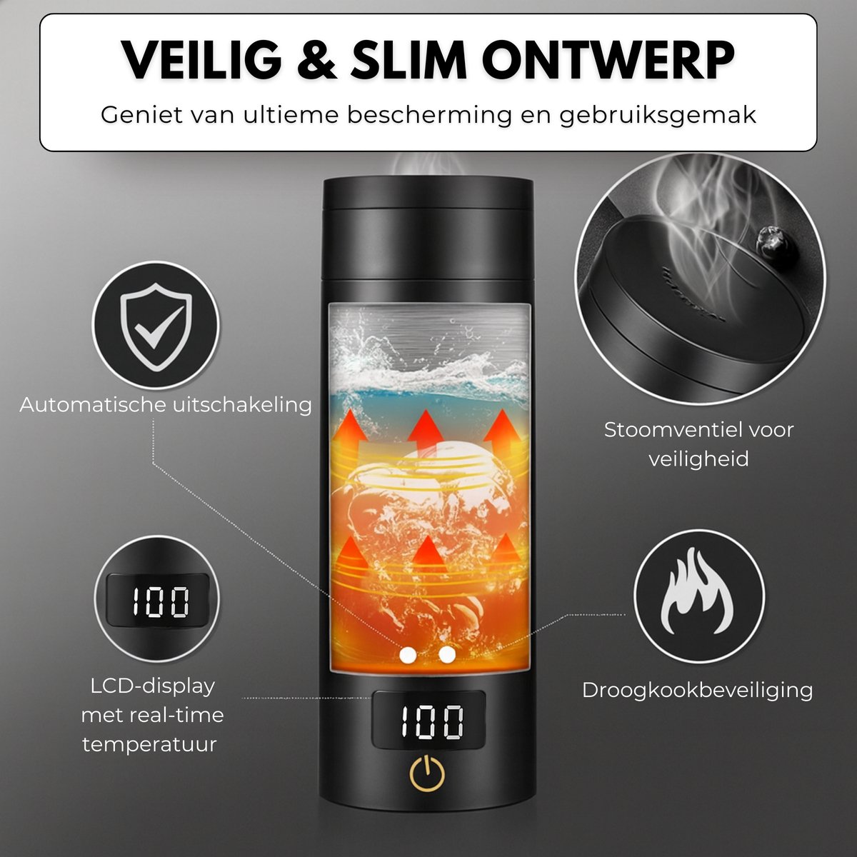 Boncy® Premium Mini Waterkoker met Temperatuurregeling - 380ml met Thermometer en Warmhoudfunctie - Kleine RVS Reiswaterkoker Zwart - Reis Waterkokers voor Camping Hotel Senioren - Klein Draagbare Travel Water Koker Grijs Temperatuur keuze - 0,5 L — afbeelding 2