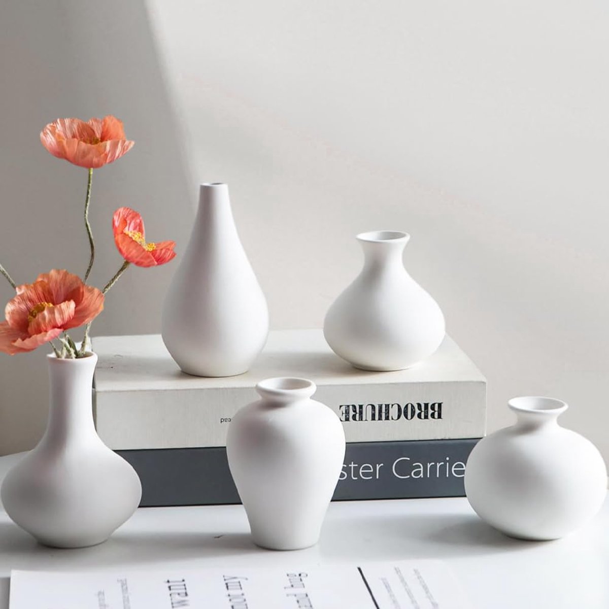 Keramische vaas wit, set van 5 kleine witte vazen ??voor decoratie met verse bloemen, pamp