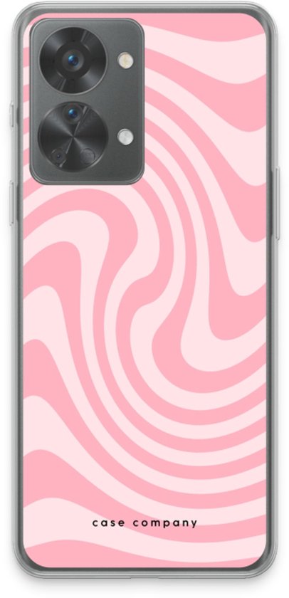 Telefoonhoesje met roze en witte swirl print.