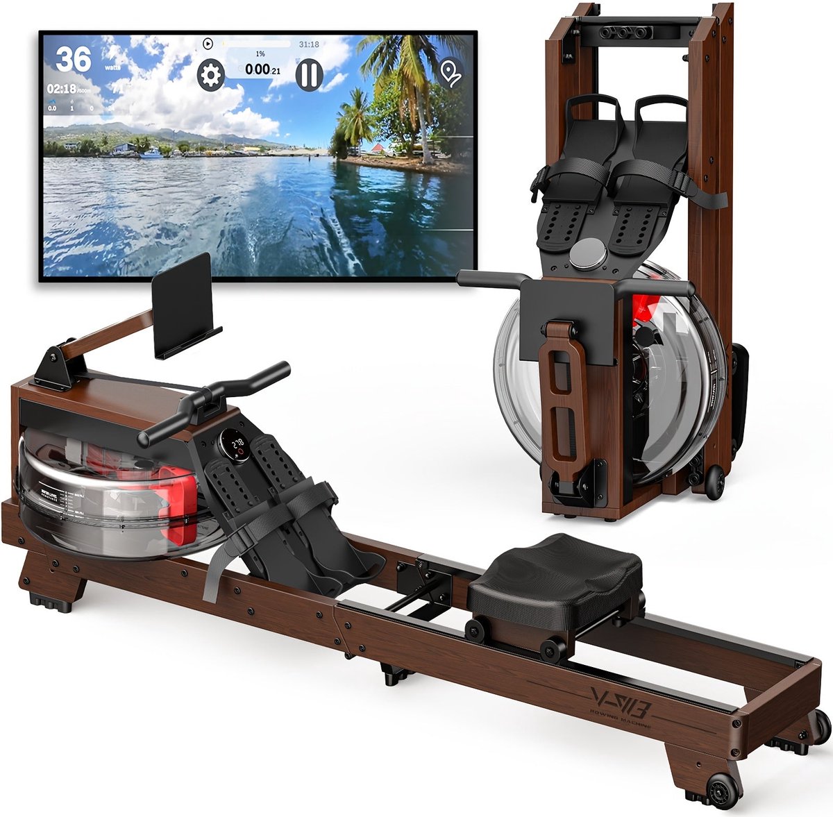 Waterroeimachine – Roeitrainer – Rower – Fitnessapparaat – Homegym – Houten Frame – Waterweerstand – Draaggewicht 175 kg - Waterroeimachine - €608,99