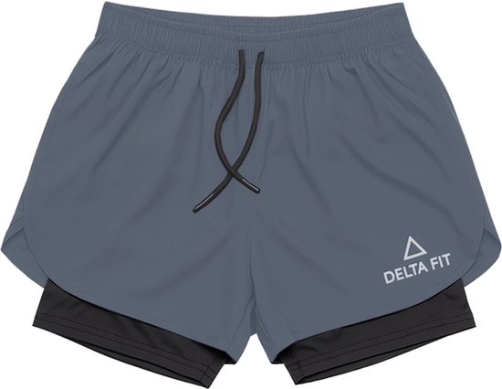 Pantalon de course 2 en 1 Delta Fit – Avec sous-short noir – Dry Mesh – Grijs – Taille L – Taille petit – Commandez 1 taille au-dessus de votre taille habituelle