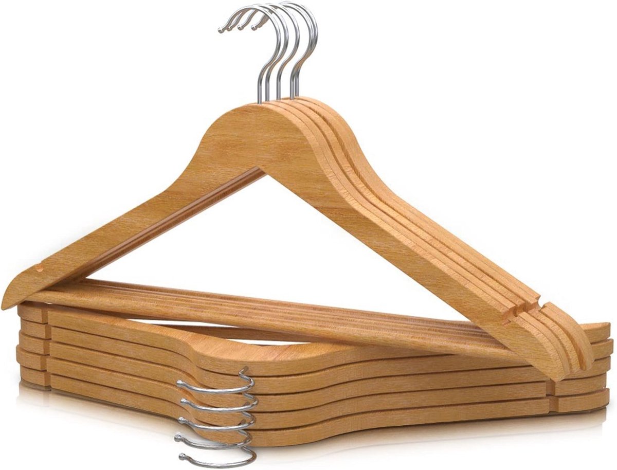 Houten kledinghanger - Antislip kledinghanger - 360 graden draaibare kledinghanger - Inkeping en broekstang - Metalen haak - Volwassene - 44,5 cm - 10 stuks - Bruin