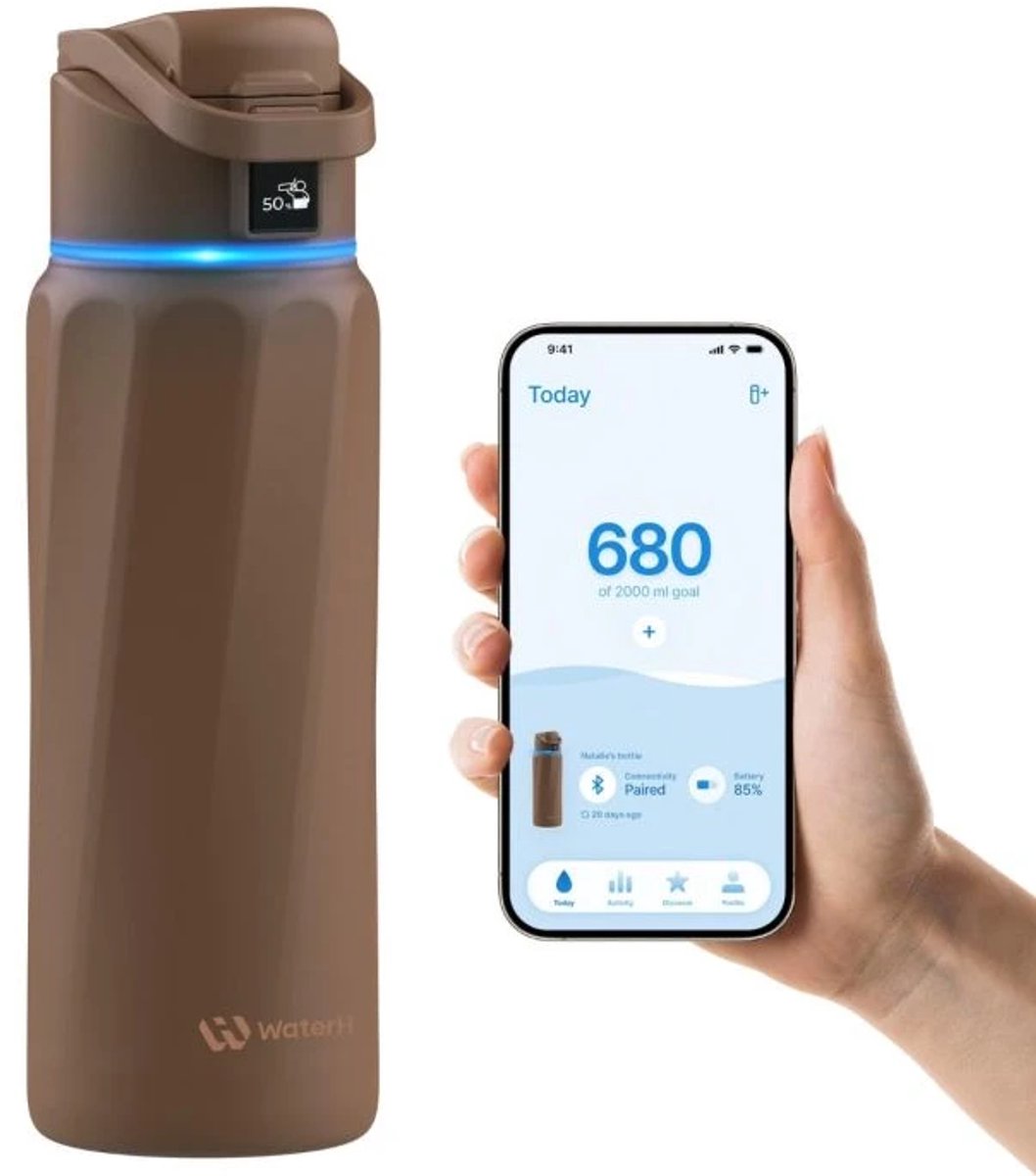 WaterH BOOST - Slimme Waterfles met Herinnering om Water te Drinken & Water Tracker Fles - Dubbelwandige stalen drinkfles - Wijde opening - 946ml - Bruin