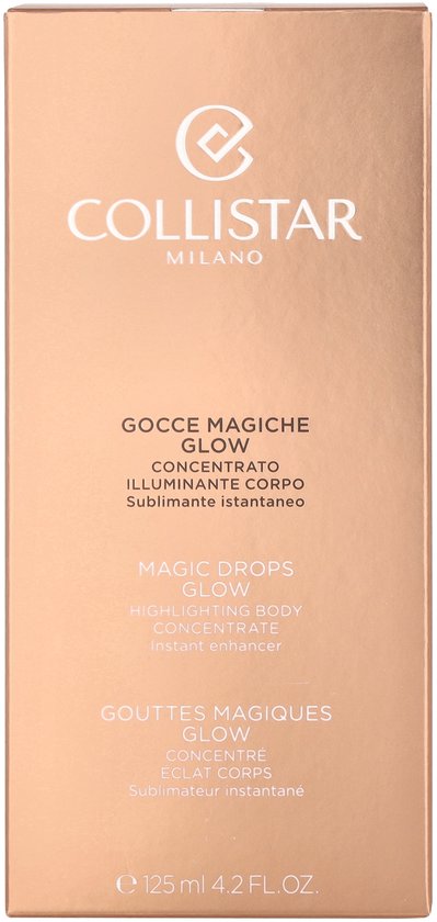 Collistar verpakking met de tekst "Magic Drops Glow Highlighting Body Concentrate". Kleur koper.