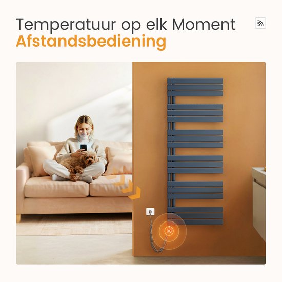 Vrouw op bank met hond en smartphone, terwijl een donkergrijze handdoekradiator op de achtergrond aan staat. Thermostaat getoond.