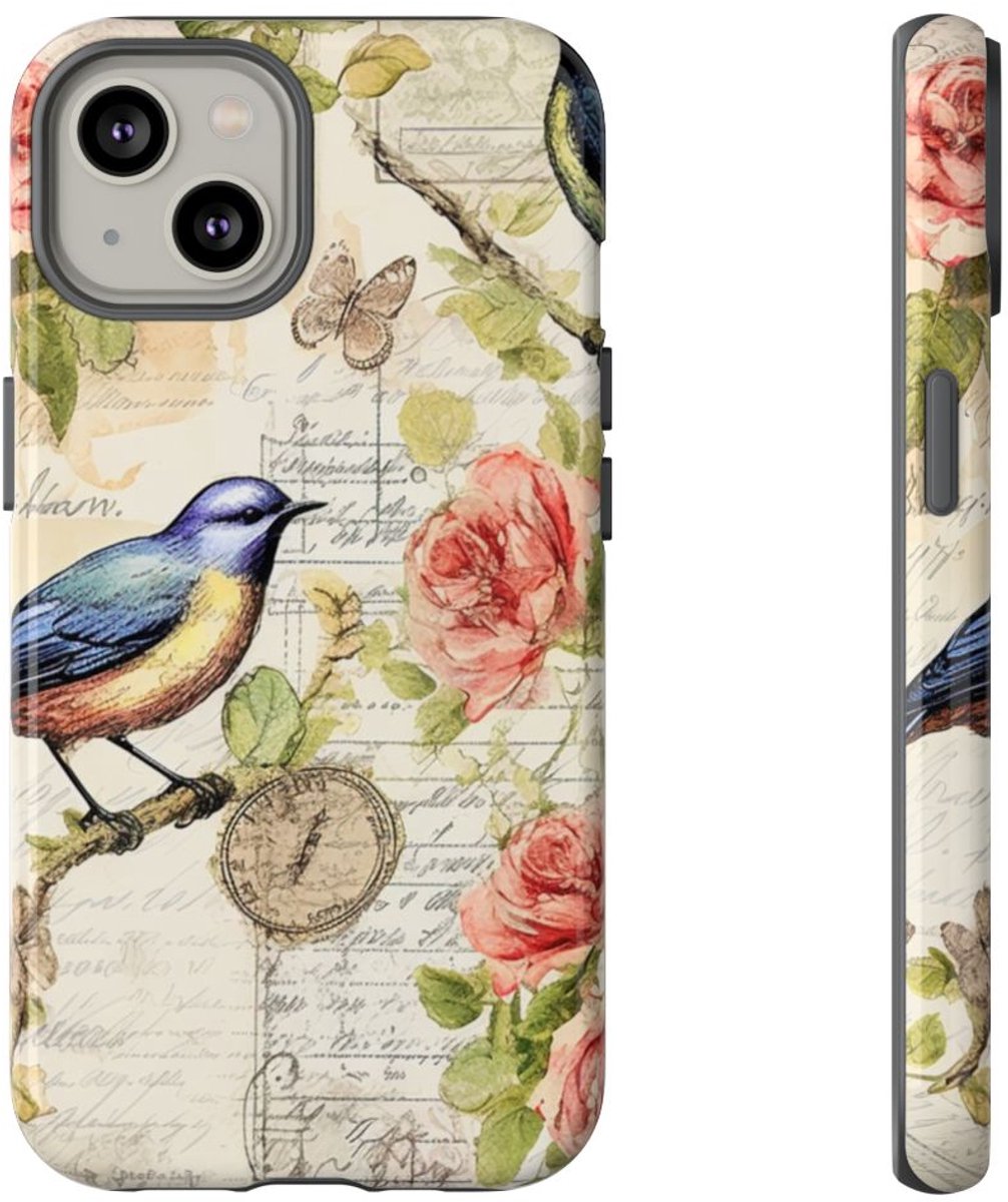 Vintage Blauwe Vogels en Rozenpatroon – Telefoonhoesje Geschikt voor iPhone 14
