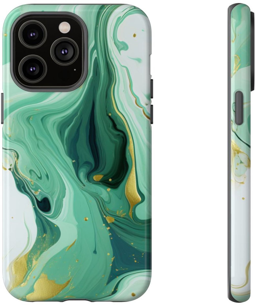 Groen-Gouden Marmerwerveling – Telefoonhoesje Geschikt voor iPhone 14 Pro Max